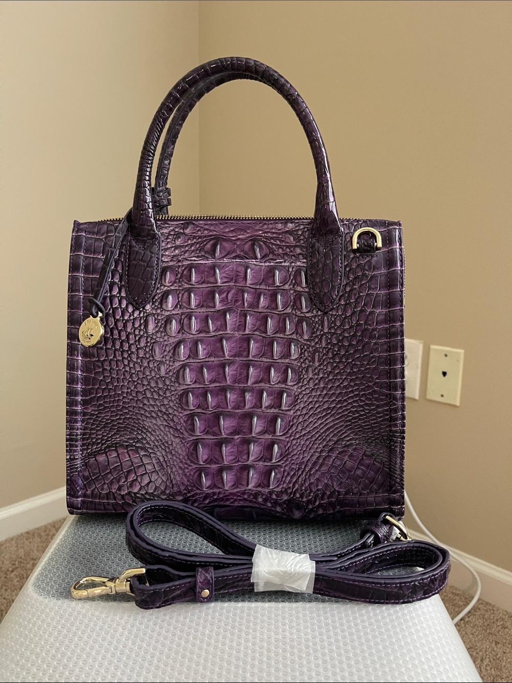 Brahmin Purple Croc-Embossed Leather Satchel with Gold Charm - Picture 3 of 8